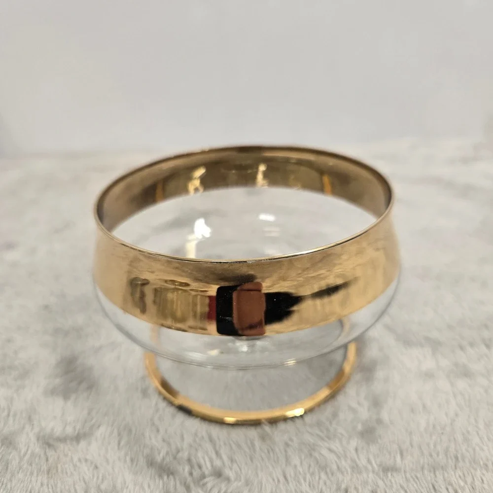 Vintage Mid Century Gold Rim Footed Dessert Bowl Coupe Glass Hollywood Regency